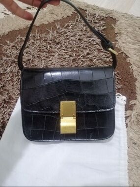 Celine Black Croc-Embossed Shoulder Bag with Gold Hardware